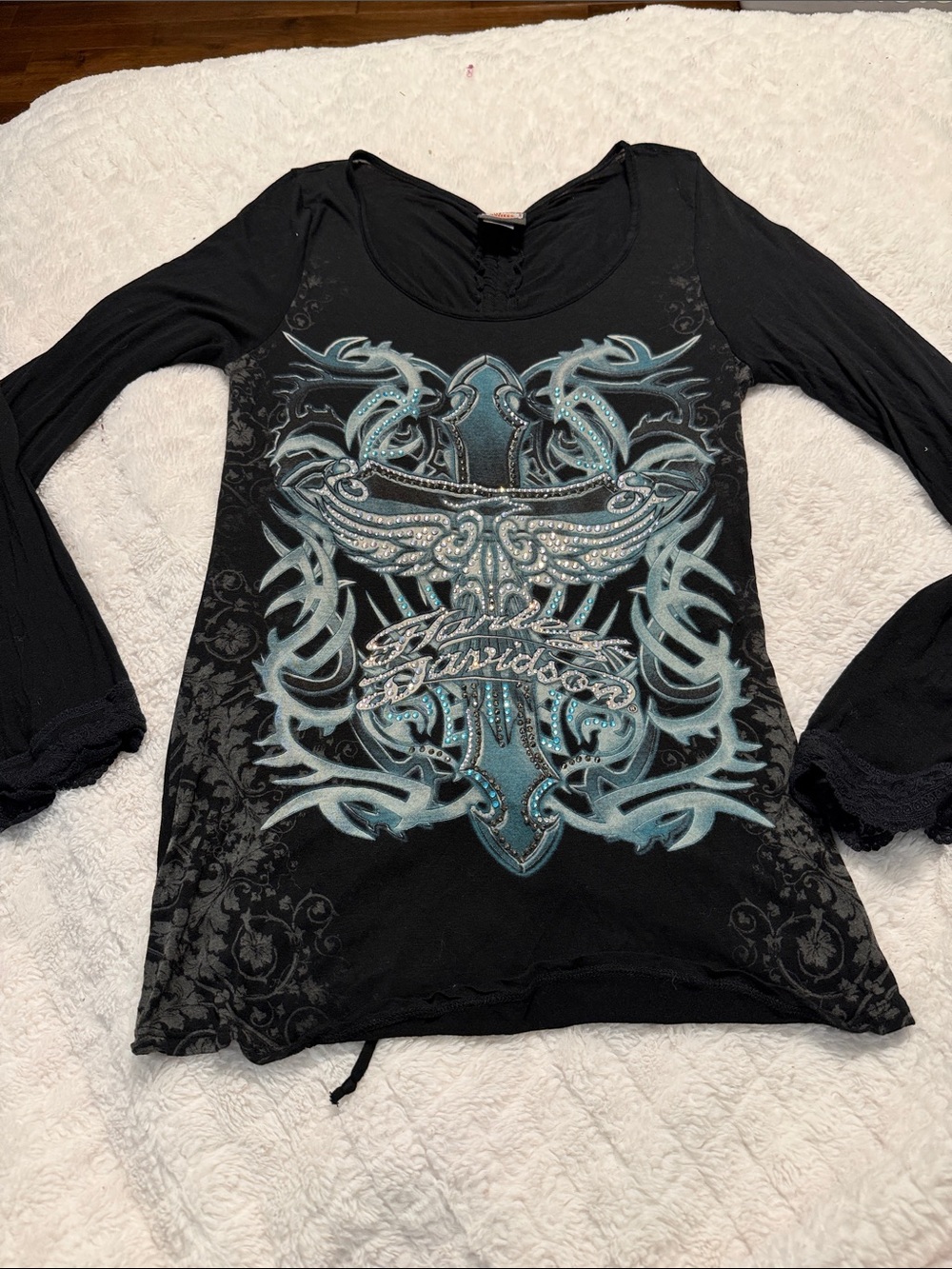 Harley-Davidson Black Long Sleeve Tee with Teal Embellished Graphic